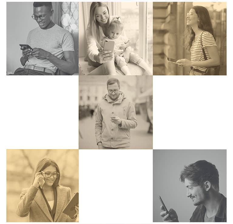 A mosaic of people using their phones to shop and pay