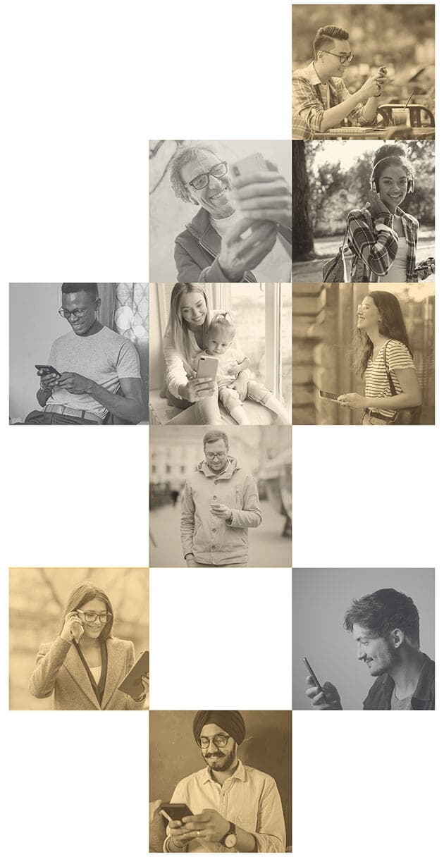 A mosaic of people using their phones to shop and pay